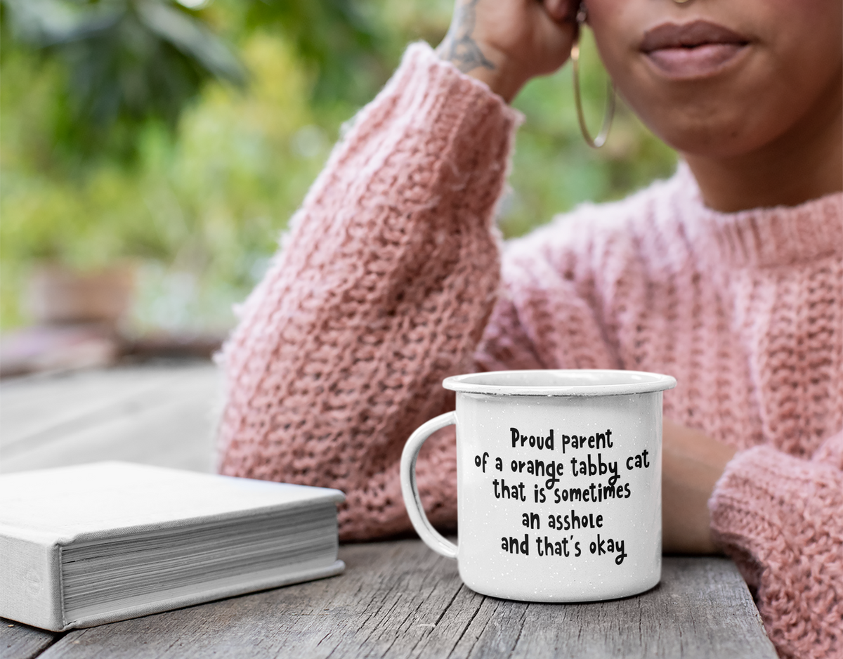 Funny Ginger Cat Lover Gift: Proud Parent Of An Orange Tabby Cat, 12oz Cat Camper Mug, Sarcastic Humor Coffee Cup for Pet Owners