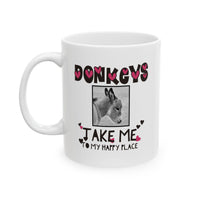 Donkey Lover Coffee Mug with Cute Donkey Photo – Animal Lover Gift - "Donkeys Take Me To My Happy Place" (Hearts Version) - 11oz Mug