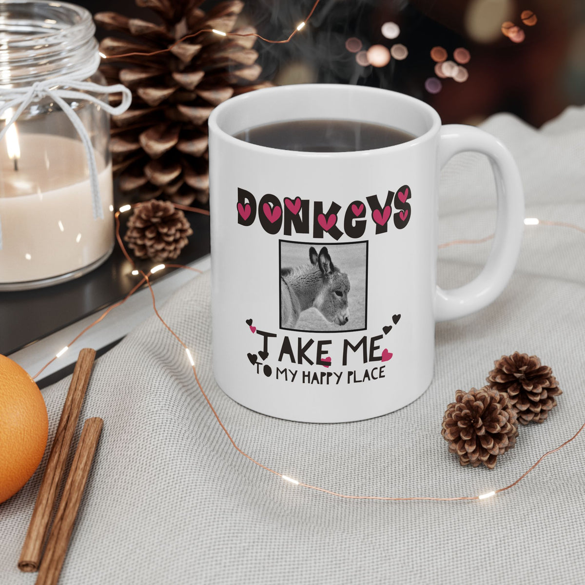 Donkey Lover Coffee Mug with Cute Donkey Photo – Animal Lover Gift - "Donkeys Take Me To My Happy Place" (Hearts Version) - 11oz Mug
