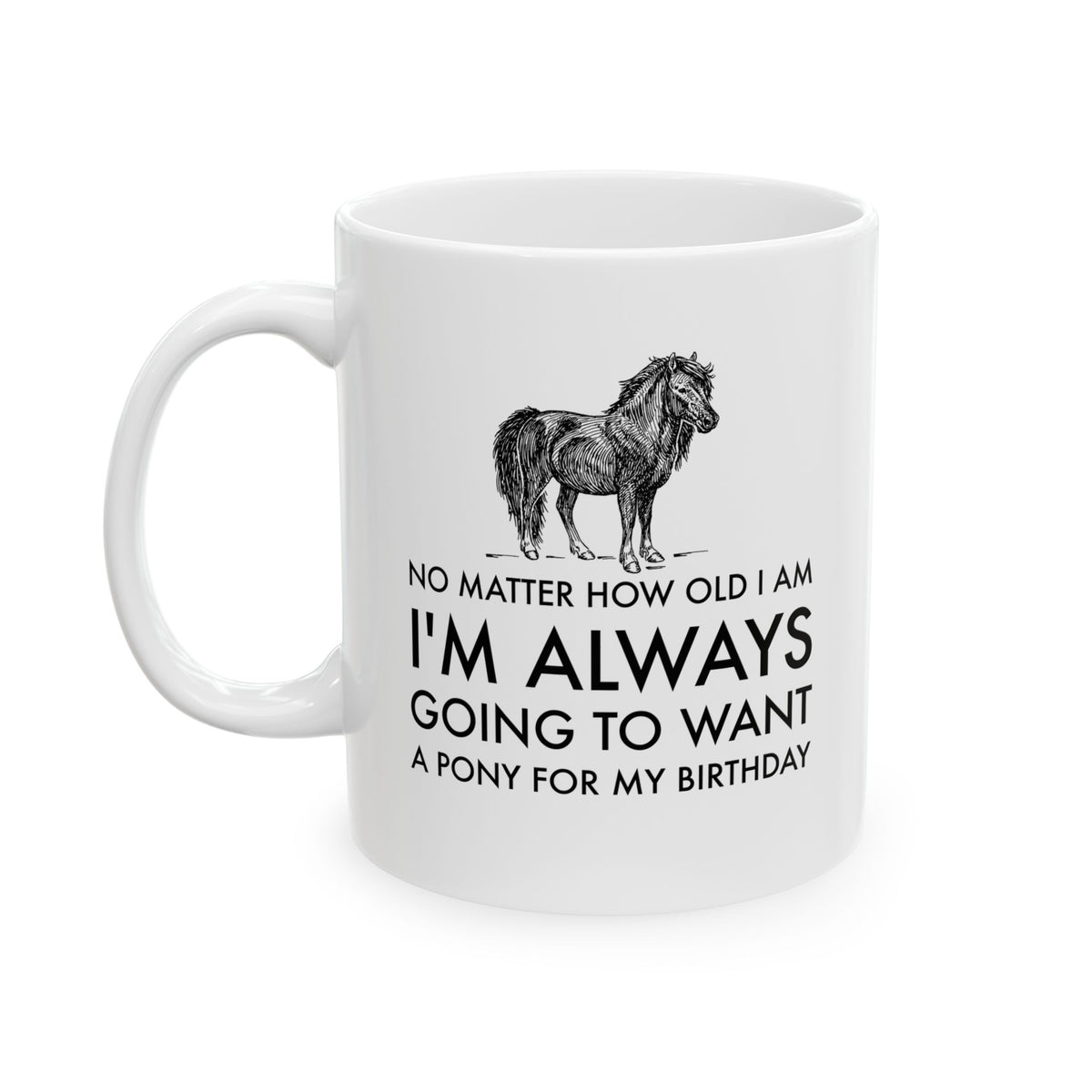 Funny Pony Mug, Pony Lover Birthday Gift, Horse Girl Gift, Equestrian Horse Lover Mug – Want A Pony For My Birthday - No Matter How Old I Am