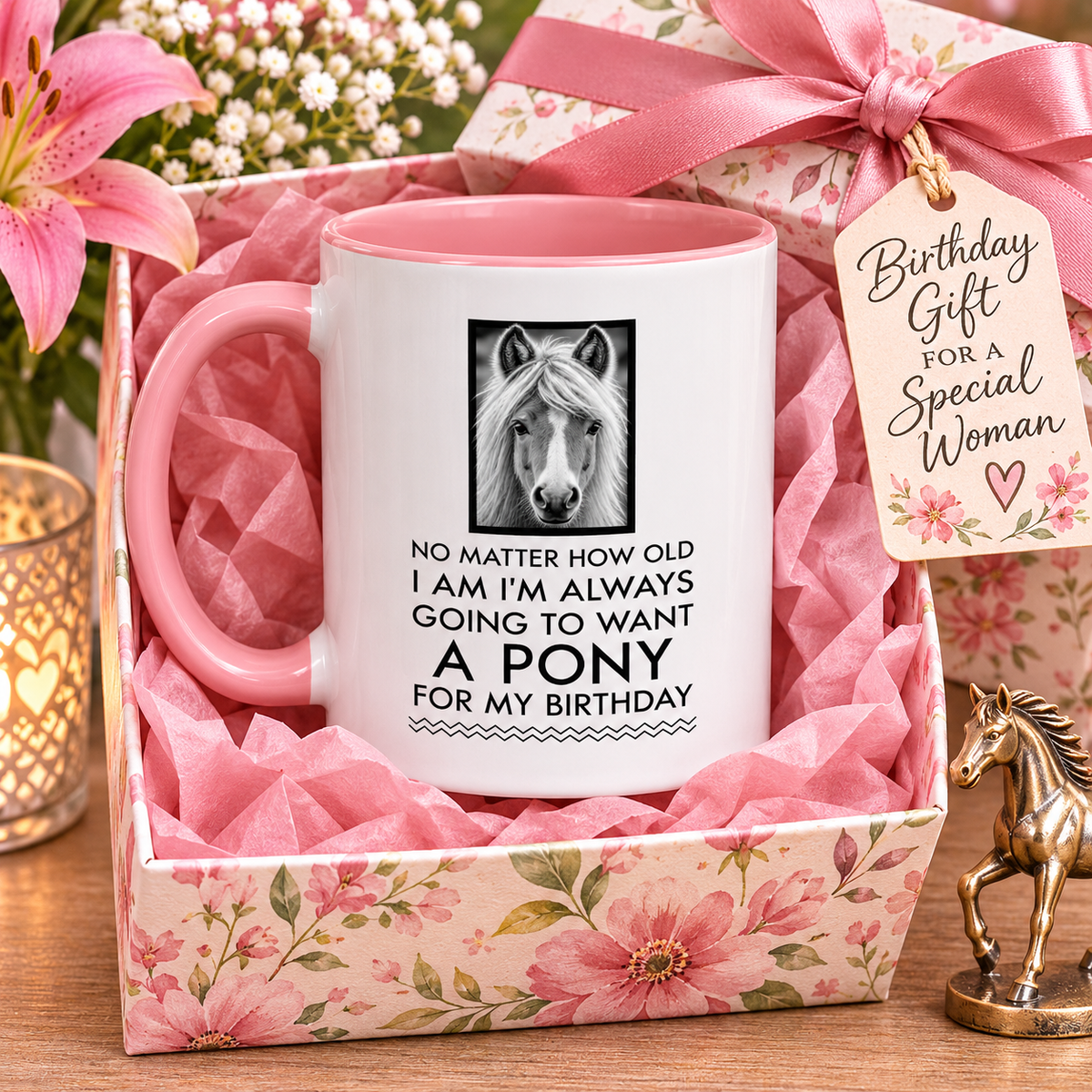 Funny Pony Mug for Women – Horse Lover Birthday Gift – Equestrian Gift – "No Matter How Old I Am"