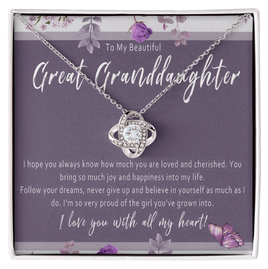 Great Granddaughter Necklace from Great Grandparent – Meaningful Love Knot Jewelry Gift of Everyday Encouragement - I Hope You Always Know