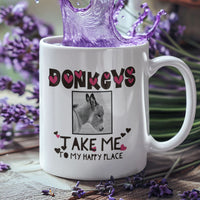 Donkey Lover Coffee Mug with Cute Donkey Photo – Animal Lover Gift - "Donkeys Take Me To My Happy Place" (Hearts Version) - 11oz Mug