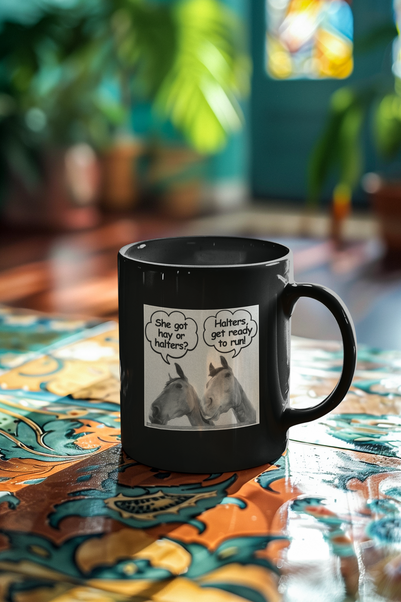 Funny Horse Lover Mug – Equestrian Humor Gift for Horse Girls & Horse Moms - "She got hay or halters?"