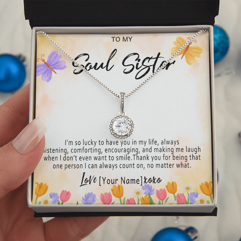 Personalized Soul Sister Necklace – Custom Soul Sister Gift, Meaningful Friendship Jewelry with Heartfelt Message Card - "I'm so lucky to have you in my life"