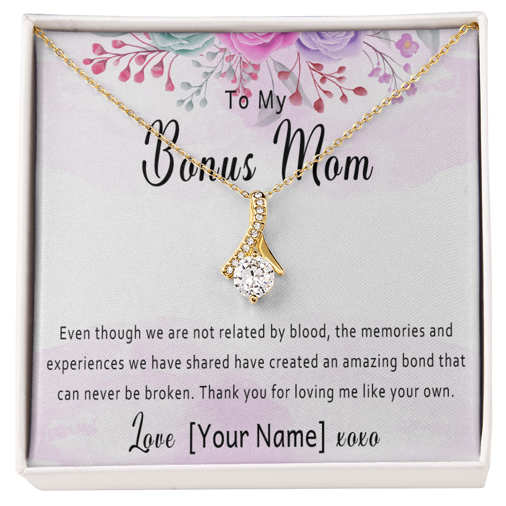 Personalized Bonus Mom Necklace – Custom Bonus Mom Jewelry Gift for Mother's Day, Birthday or Christmas Present - "Even though we are not related by blood"