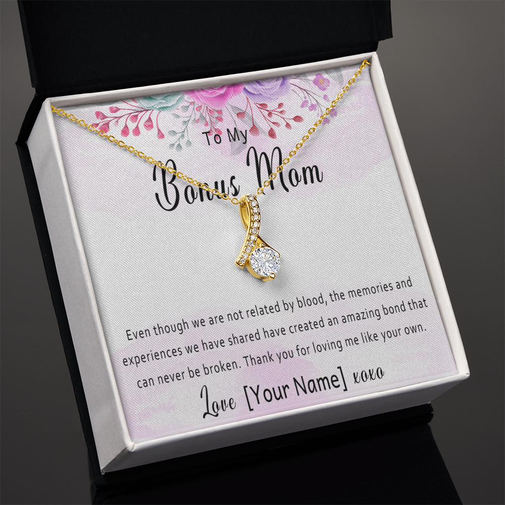 Personalized Bonus Mom Necklace – Custom Bonus Mom Jewelry Gift for Mother's Day, Birthday or Christmas Present - "Even though we are not related by blood"