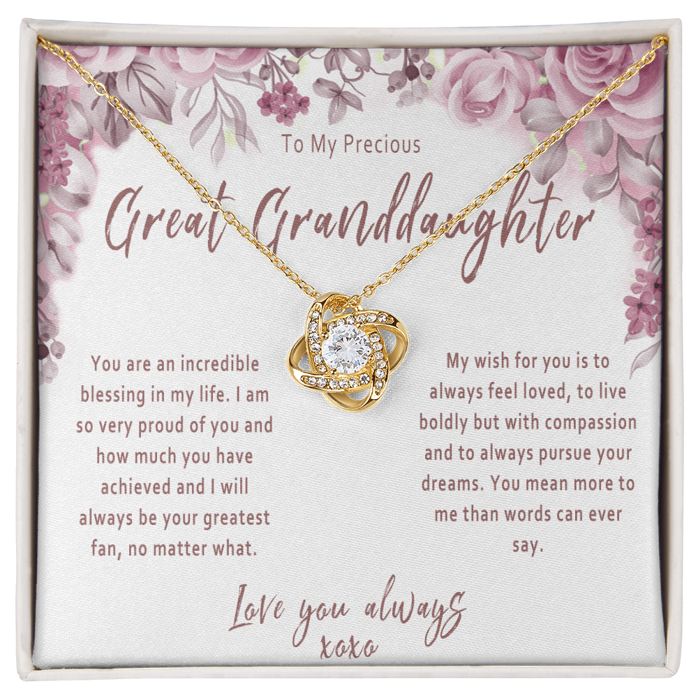 Great Granddaughter Love Knot Necklace from Great Grandparent – Sentimental Gift with Message Card - "You are an incredible blessing in my life..."