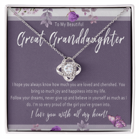 Load image into Gallery viewer, Necklace For Great Granddaughter. Grandkid Love Knot Jewelry For Birthday Or Christmas. Great Granddaughter Gift Card Keepsake From Grandparent

