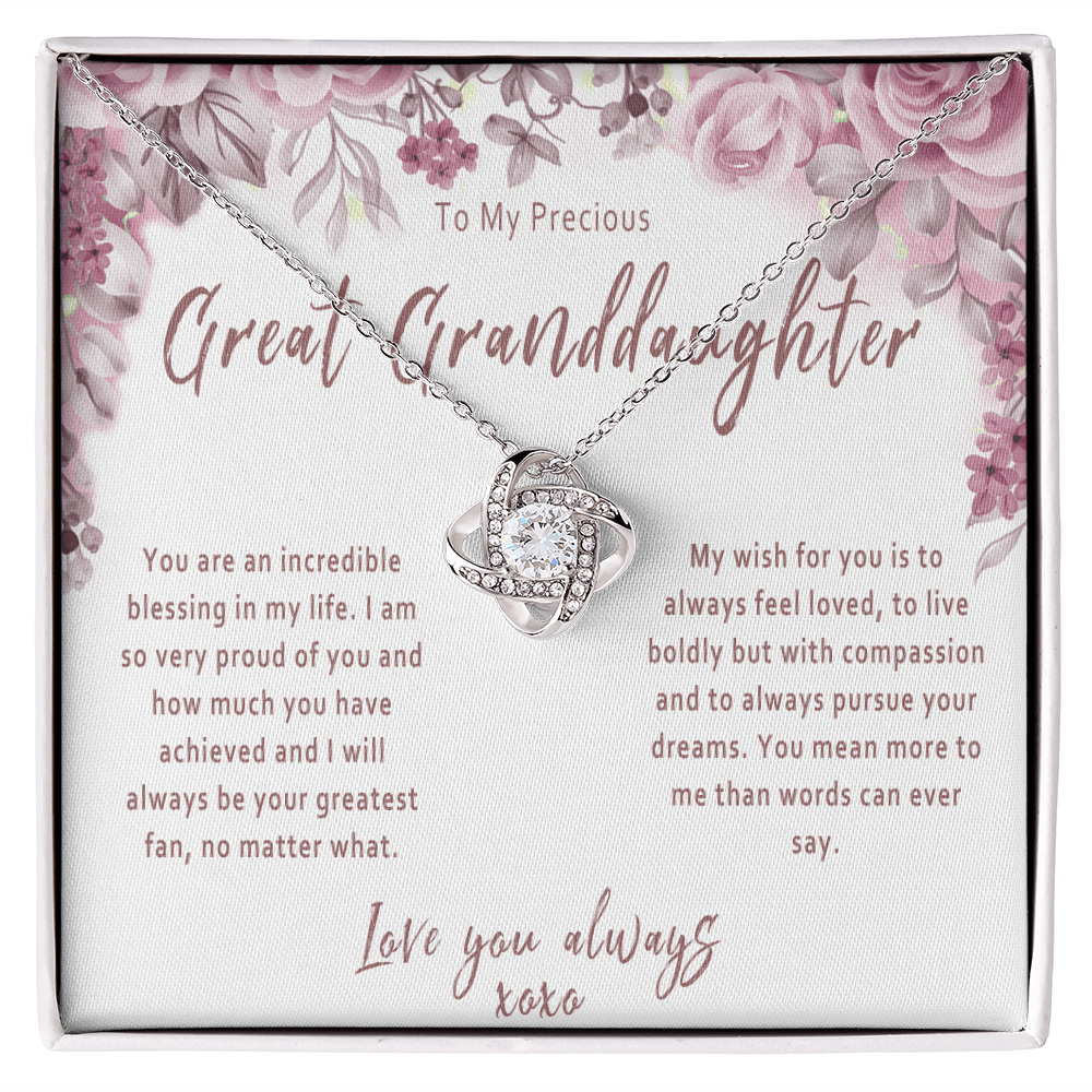 Great Granddaughter Love Knot Necklace from Great Grandparent – Sentimental Gift with Message Card - "You are an incredible blessing in my life..."