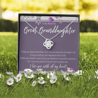 Load image into Gallery viewer, Necklace For Great Granddaughter. Grandkid Love Knot Jewelry For Birthday Or Christmas. Great Granddaughter Gift Card Keepsake From Grandparent
