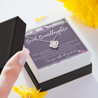 Load image into Gallery viewer, Necklace For Great Granddaughter. Grandkid Love Knot Jewelry For Birthday Or Christmas. Great Granddaughter Gift Card Keepsake From Grandparent
