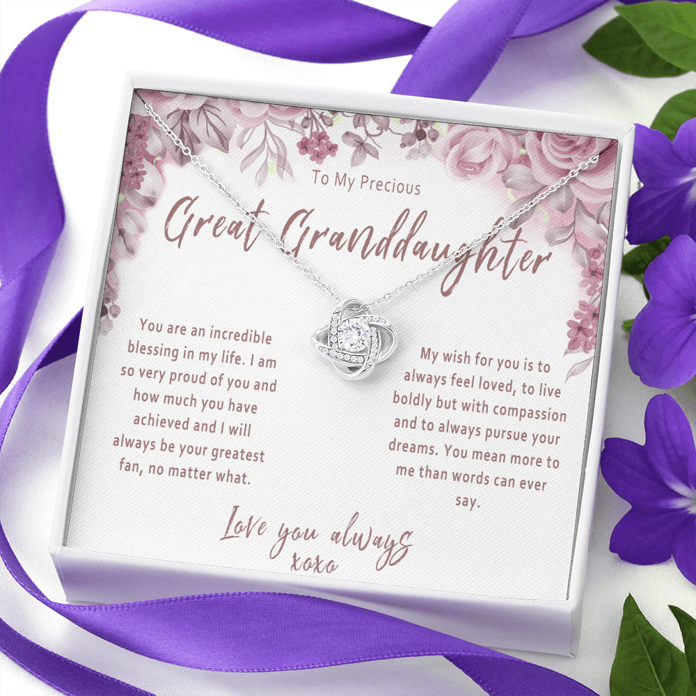 Great Granddaughter Love Knot Necklace from Great Grandparent – Sentimental Gift with Message Card - "You are an incredible blessing in my life..."
