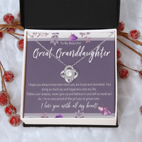 Load image into Gallery viewer, Necklace For Great Granddaughter. Grandkid Love Knot Jewelry For Birthday Or Christmas. Great Granddaughter Gift Card Keepsake From Grandparent
