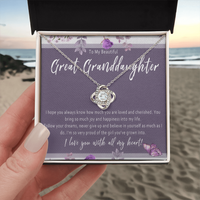 Load image into Gallery viewer, Necklace For Great Granddaughter. Grandkid Love Knot Jewelry For Birthday Or Christmas. Great Granddaughter Gift Card Keepsake From Grandparent
