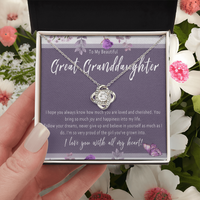 Load image into Gallery viewer, Necklace For Great Granddaughter. Grandkid Love Knot Jewelry For Birthday Or Christmas. Great Granddaughter Gift Card Keepsake From Grandparent
