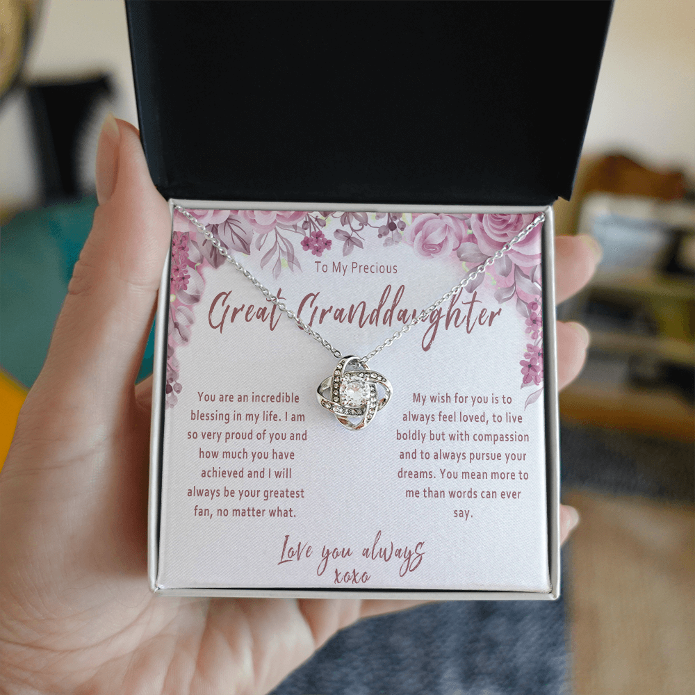 Great Granddaughter Love Knot Necklace from Great Grandparent – Sentimental Gift with Message Card - "You are an incredible blessing in my life..."