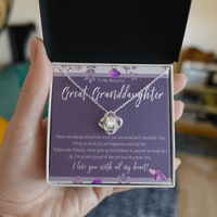 Load image into Gallery viewer, Necklace For Great Granddaughter. Grandkid Love Knot Jewelry For Birthday Or Christmas. Great Granddaughter Gift Card Keepsake From Grandparent
