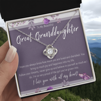 Load image into Gallery viewer, Necklace For Great Granddaughter. Grandkid Love Knot Jewelry For Birthday Or Christmas. Great Granddaughter Gift Card Keepsake From Grandparent
