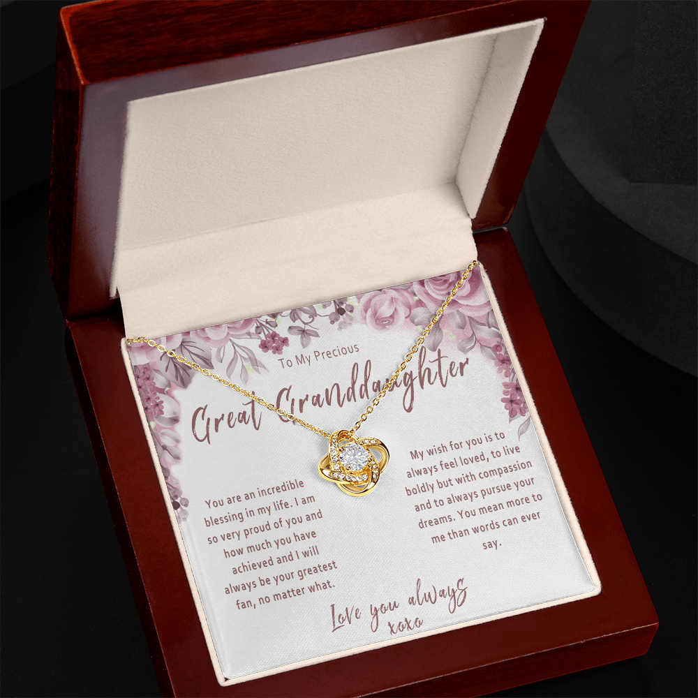 Great Granddaughter Love Knot Necklace from Great Grandparent – Sentimental Gift with Message Card - "You are an incredible blessing in my life..."