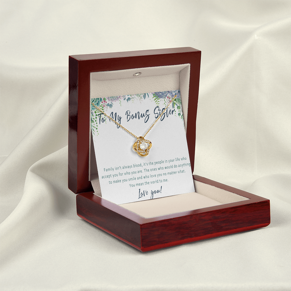 Bonus Sister Necklace – Meaningful Gift from Stepsister or Stepbrother, Love Knot Jewelry for Anyone Who Is Like A Sister - "Family isn't always blood"