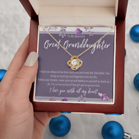 Load image into Gallery viewer, Necklace For Great Granddaughter. Grandkid Love Knot Jewelry For Birthday Or Christmas. Great Granddaughter Gift Card Keepsake From Grandparent
