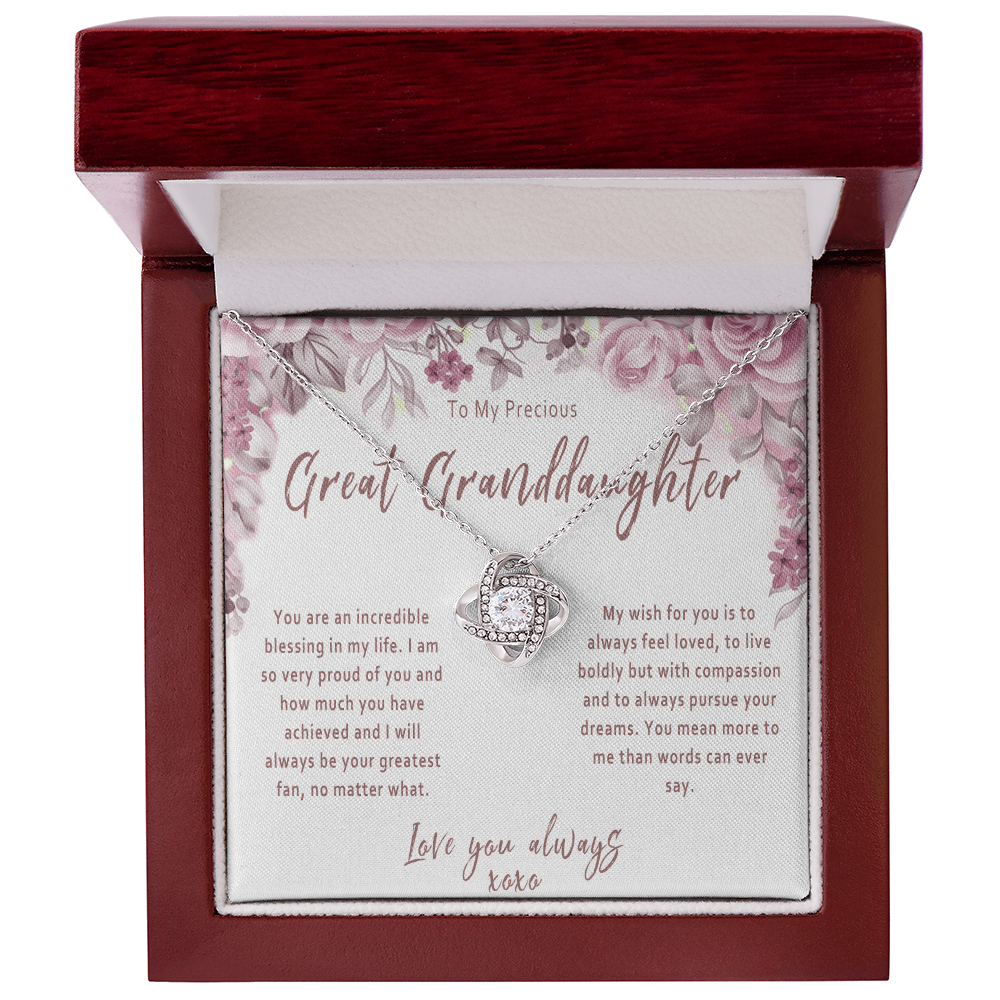 Great Granddaughter Love Knot Necklace from Great Grandparent – Sentimental Gift with Message Card - "You are an incredible blessing in my life..."