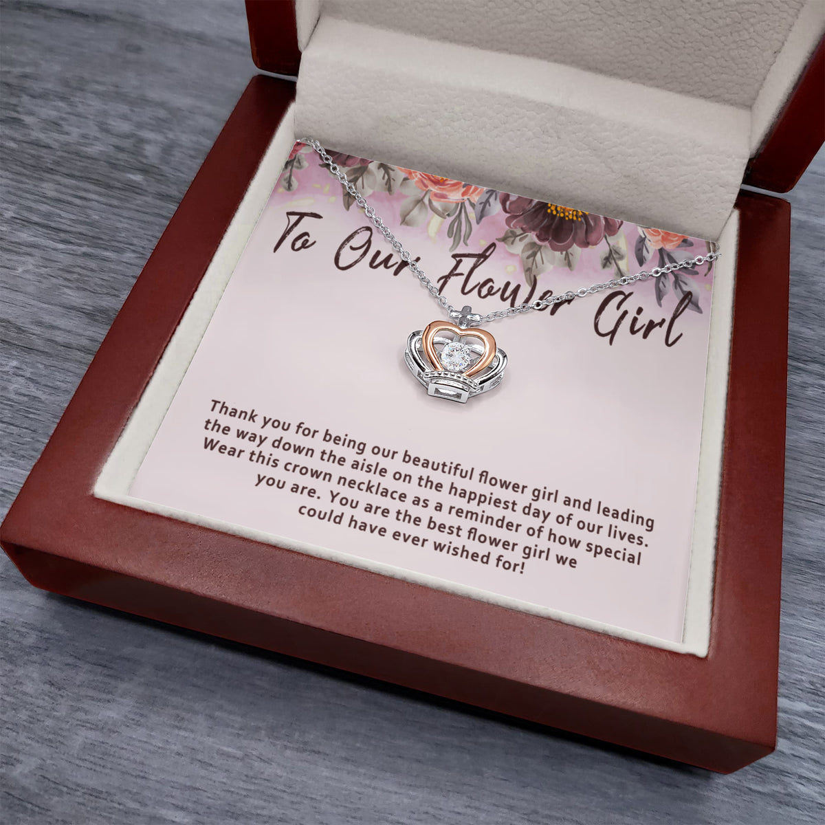 Flower Girl Crown Necklace – Meaningful Flower Girl Gift For Wedding Day, Flower Girl Thank You Keepsake Jewelry - "Thank you for being our beautiful flower girl"