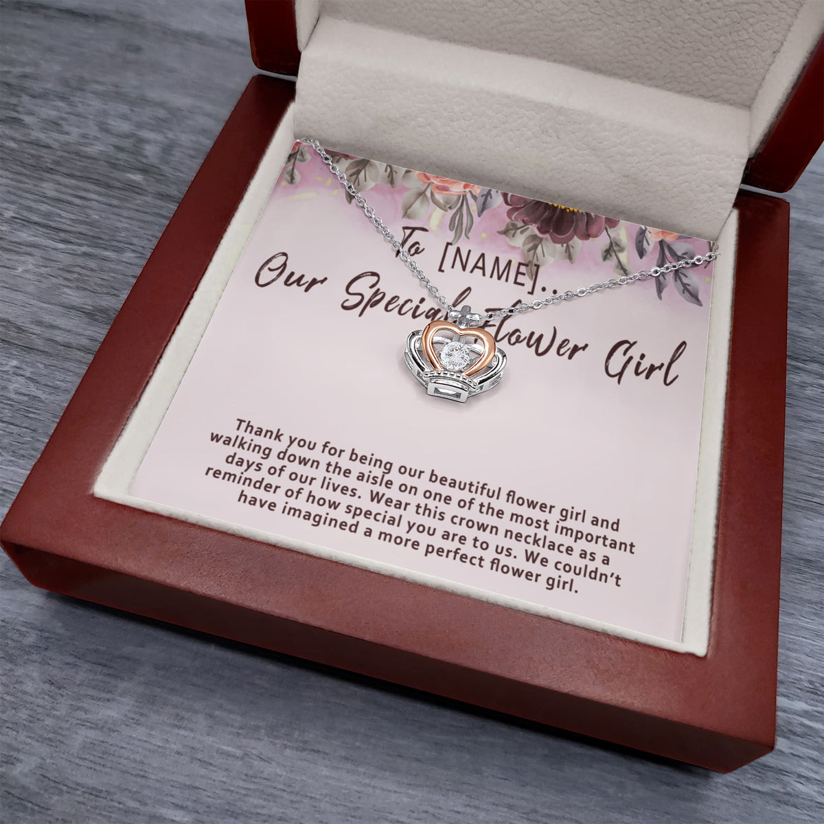 Personalized Flower Girl Crown Necklace – Custom Flower Girl Gift with Name, Wedding Flower Girl Thank You Jewelry Keepsake - "Thank you for being our beautiful flower girl"