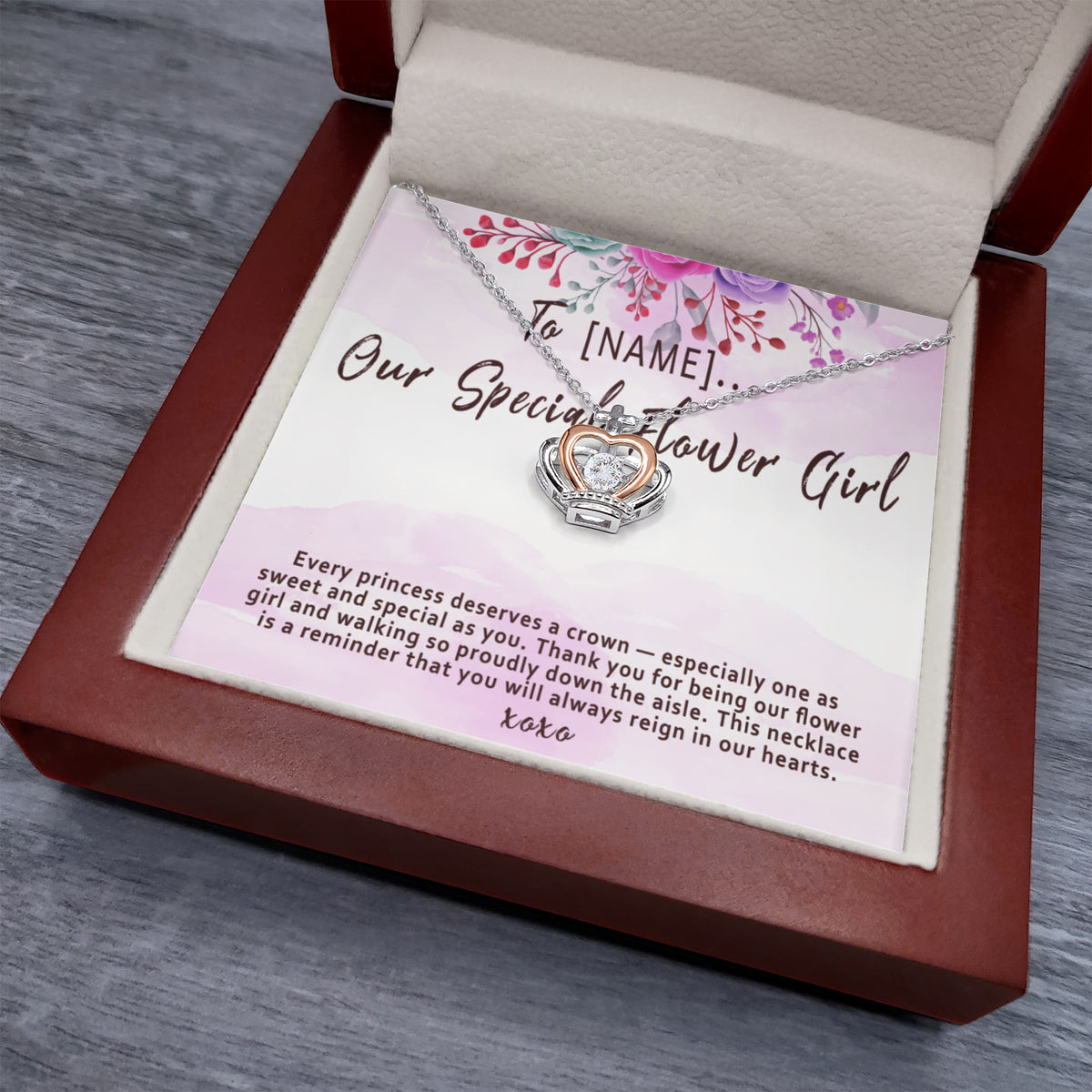 Personalized Flower Girl Crown Necklace Gift, Custom Meaningful Wedding Flower Girl Pendant Thank You Keepsake - "Every princess deserves a crown"