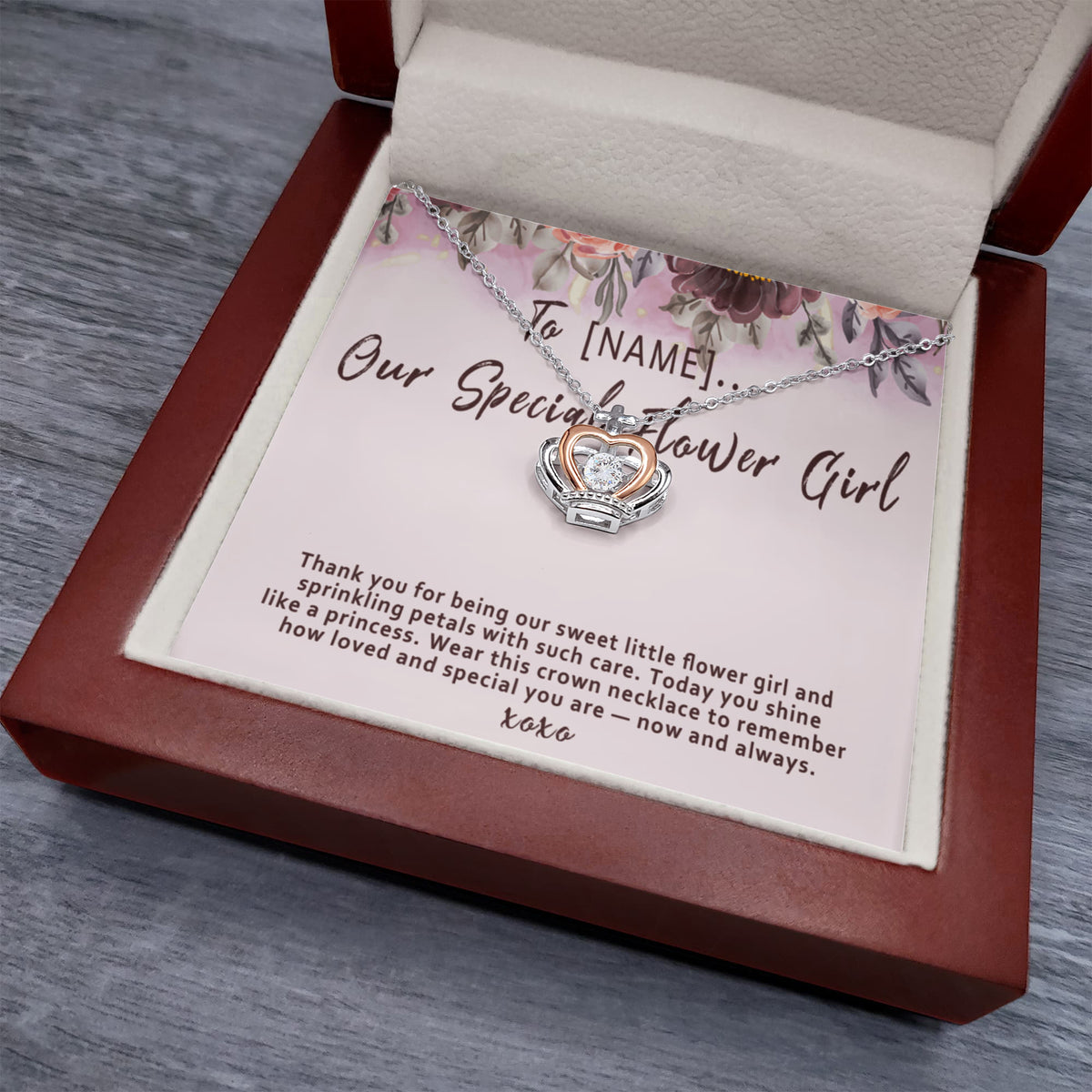Personalized Flower Girl Crown Necklace Gift, Custom Meaningful Wedding Flower Girl Thank You Jewelry Keepsake - "Thank you for being our sweet little flower girl"