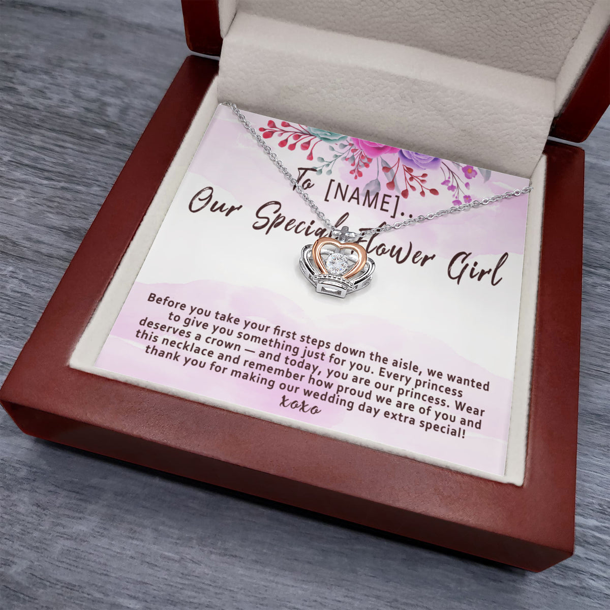Personalized Flower Girl Crown Necklace – Custom Wedding Day Thank You Gift for Your Special Flower Girl - "Before you take your first steps down the aisle"