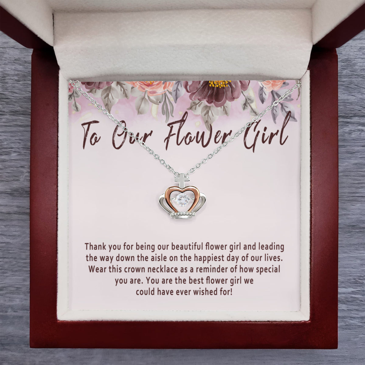 Flower Girl Crown Necklace – Meaningful Flower Girl Gift For Wedding Day, Flower Girl Thank You Keepsake Jewelry - "Thank you for being our beautiful flower girl"