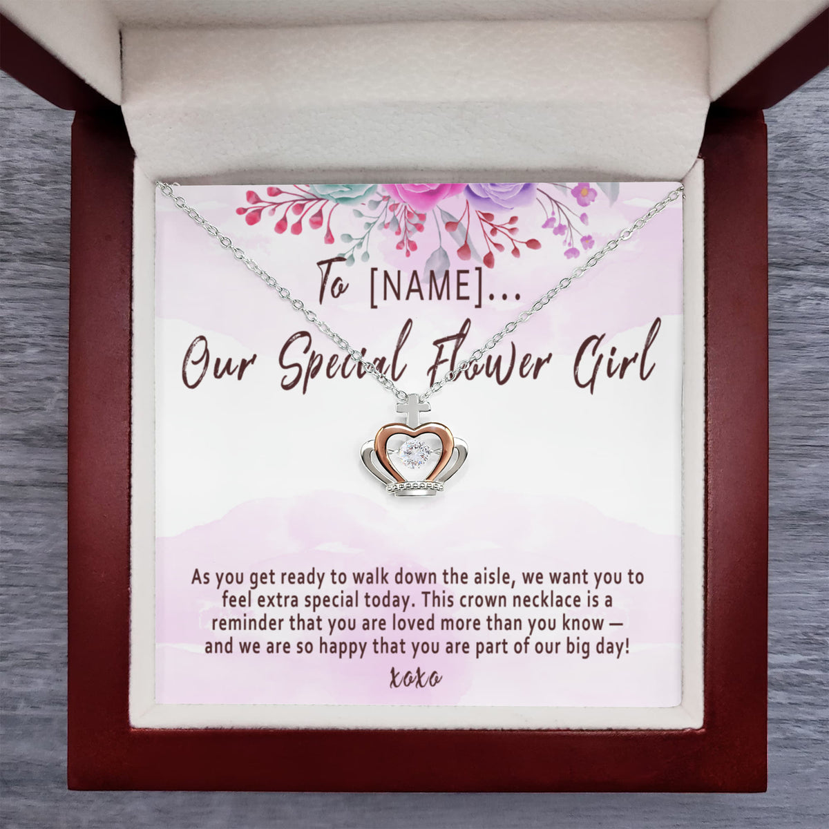 Personalized Flower Girl Crown Necklace, Custom Wedding Flower Girl Gift, Meaningful Jewelry Thank You Keepsake - "As you get ready to walk down the aisle"