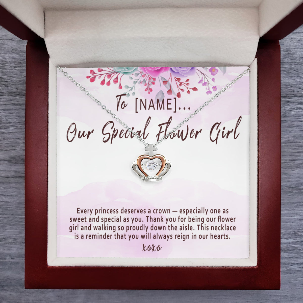 Personalized Flower Girl Crown Necklace Gift, Custom Meaningful Wedding Flower Girl Pendant Thank You Keepsake - "Every princess deserves a crown"
