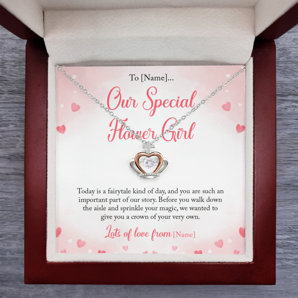 Personalized Flower Girl Crown Necklace – Custom Flower Girl Gift Before Ceremony, Fairytale Wedding Keepsake Jewelry - "Today is a fairytale kind of day"