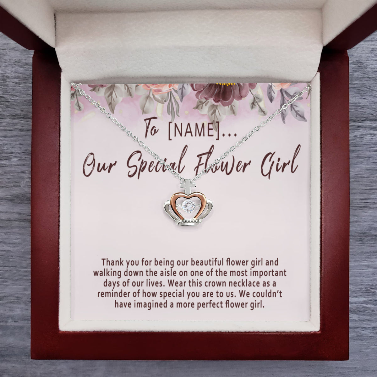 Personalized Flower Girl Crown Necklace – Custom Flower Girl Gift with Name, Wedding Flower Girl Thank You Jewelry Keepsake - "Thank you for being our beautiful flower girl"