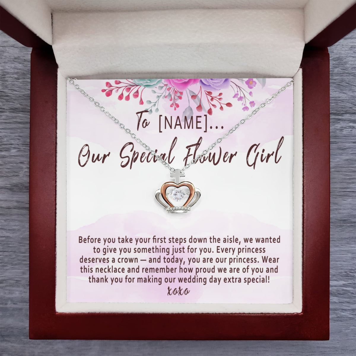 Personalized Flower Girl Crown Necklace – Custom Wedding Day Thank You Gift for Your Special Flower Girl - "Before you take your first steps down the aisle"