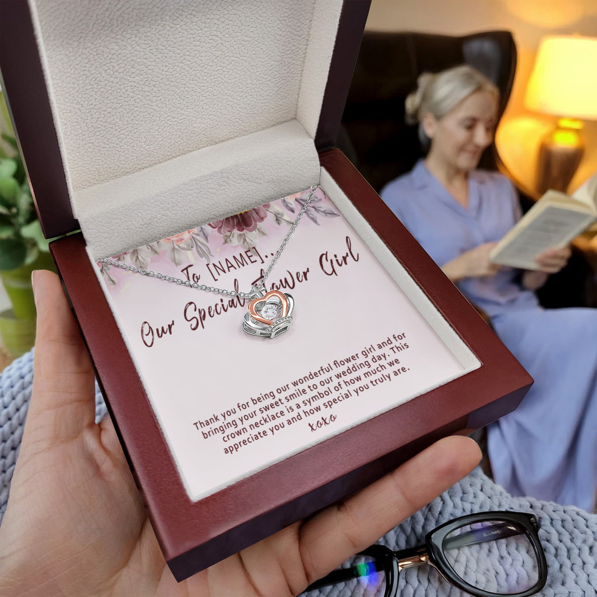 Personalized Flower Girl Crown Necklace Present, Custom Wedding Flower Girl Thank You Jewelry Gift Keepsake - "Thank you for being our wonderful flower girl"
