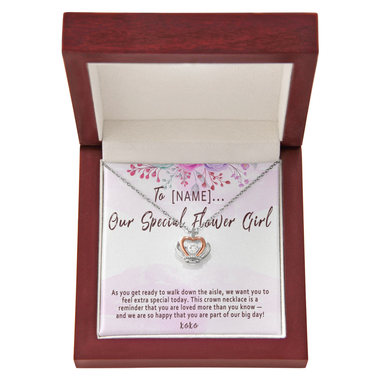 Personalized Flower Girl Crown Necklace, Custom Wedding Flower Girl Gift, Meaningful Jewelry Thank You Keepsake - "As you get ready to walk down the aisle"
