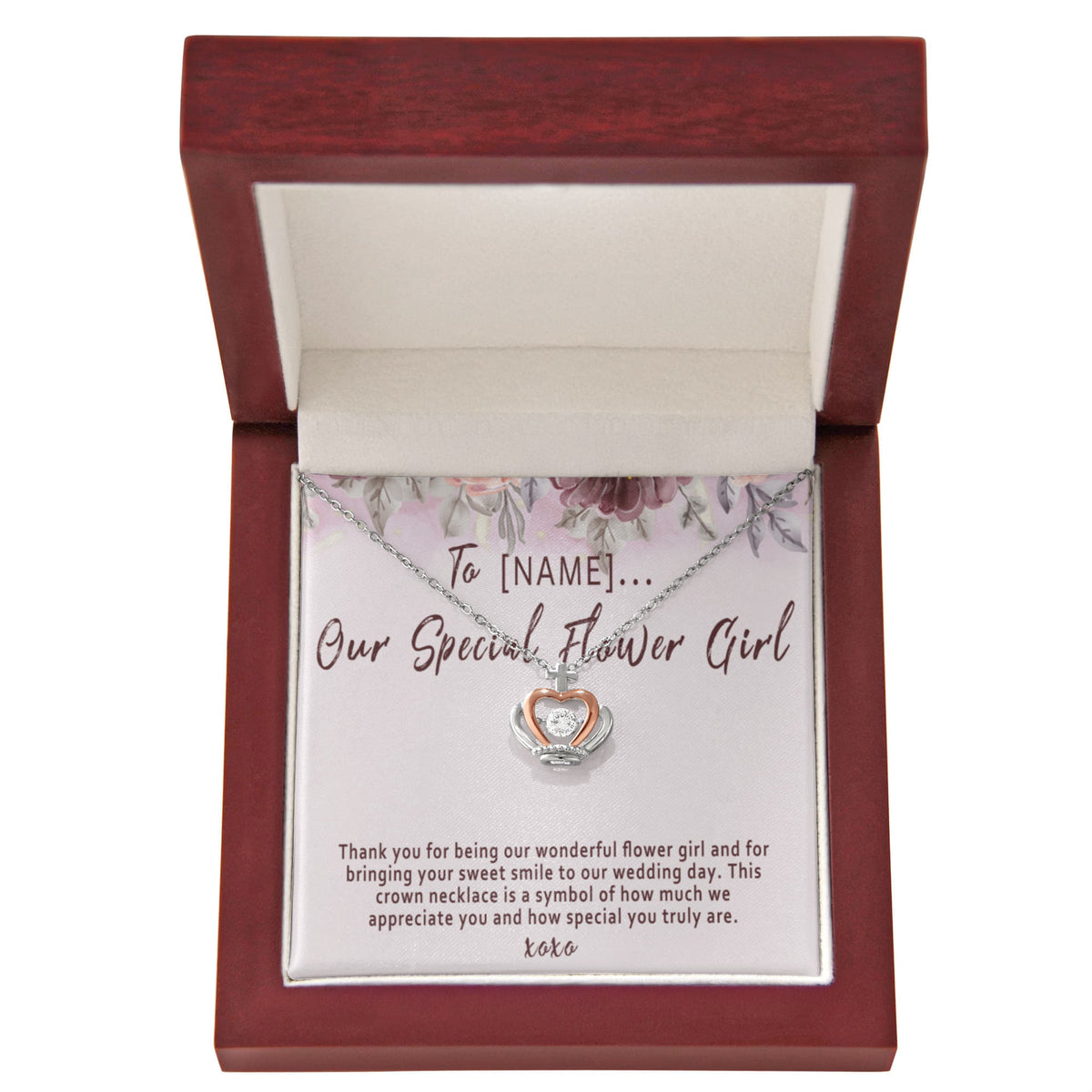 Personalized Flower Girl Crown Necklace Present, Custom Wedding Flower Girl Thank You Jewelry Gift Keepsake - "Thank you for being our wonderful flower girl"