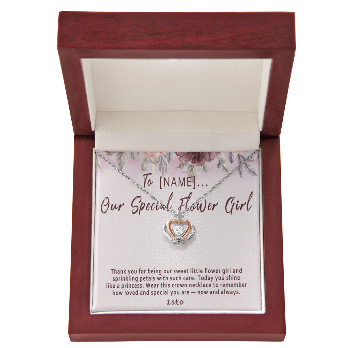 Personalized Flower Girl Crown Necklace Gift, Custom Meaningful Wedding Flower Girl Thank You Jewelry Keepsake - "Thank you for being our sweet little flower girl"
