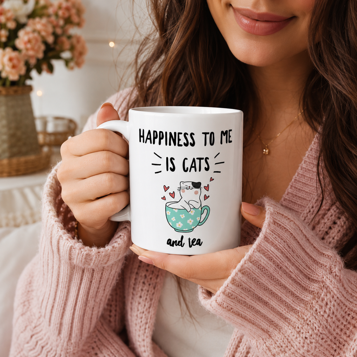 Funny Cat Mug for Women – Cat Lover Gift – Cute Cat Coffee Mug – Tea Lover Gift – "Happiness to Me Is Cats and Tea"