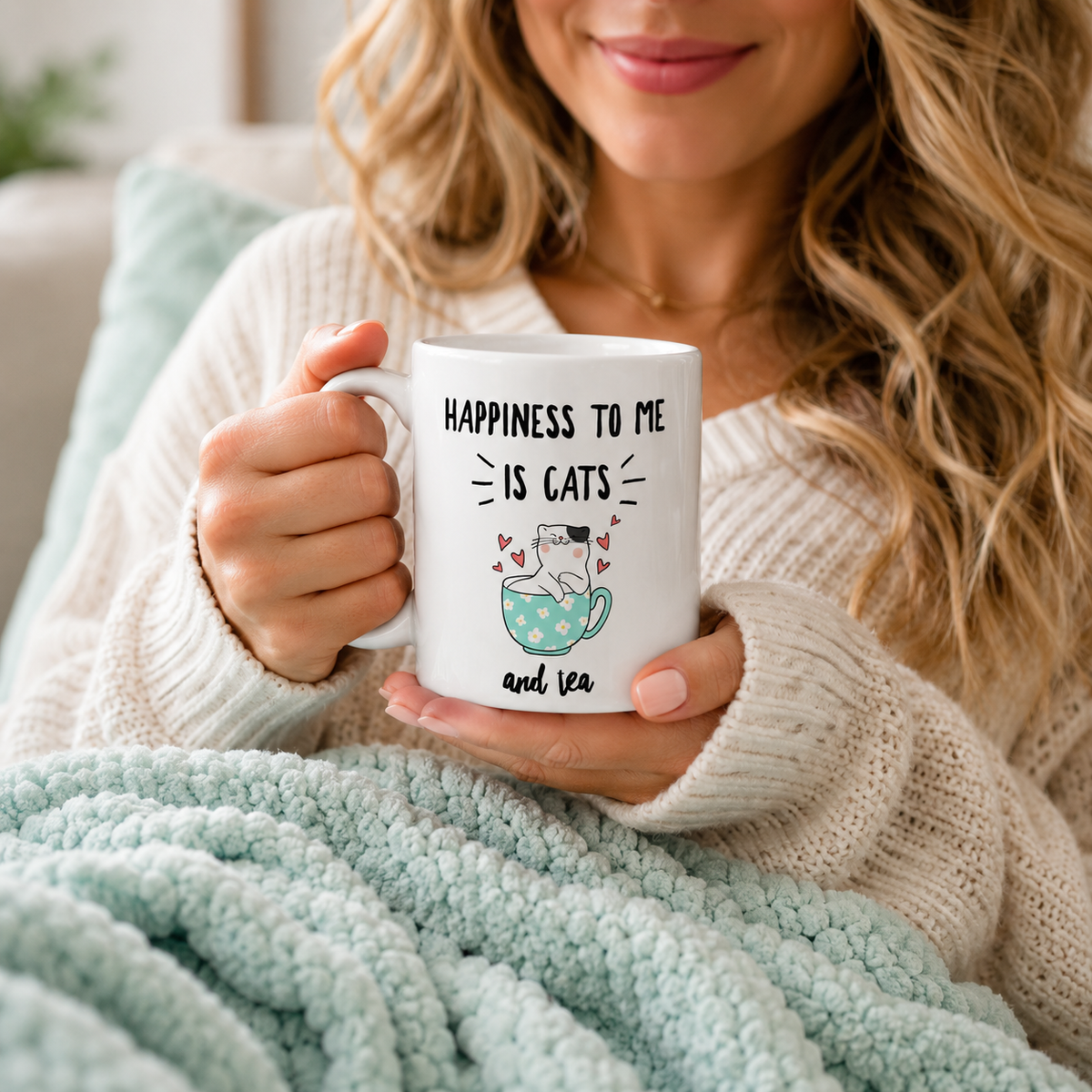 Funny Cat Mug for Women – Cat Lover Gift – Cute Cat Coffee Mug – Tea Lover Gift – "Happiness to Me Is Cats and Tea"