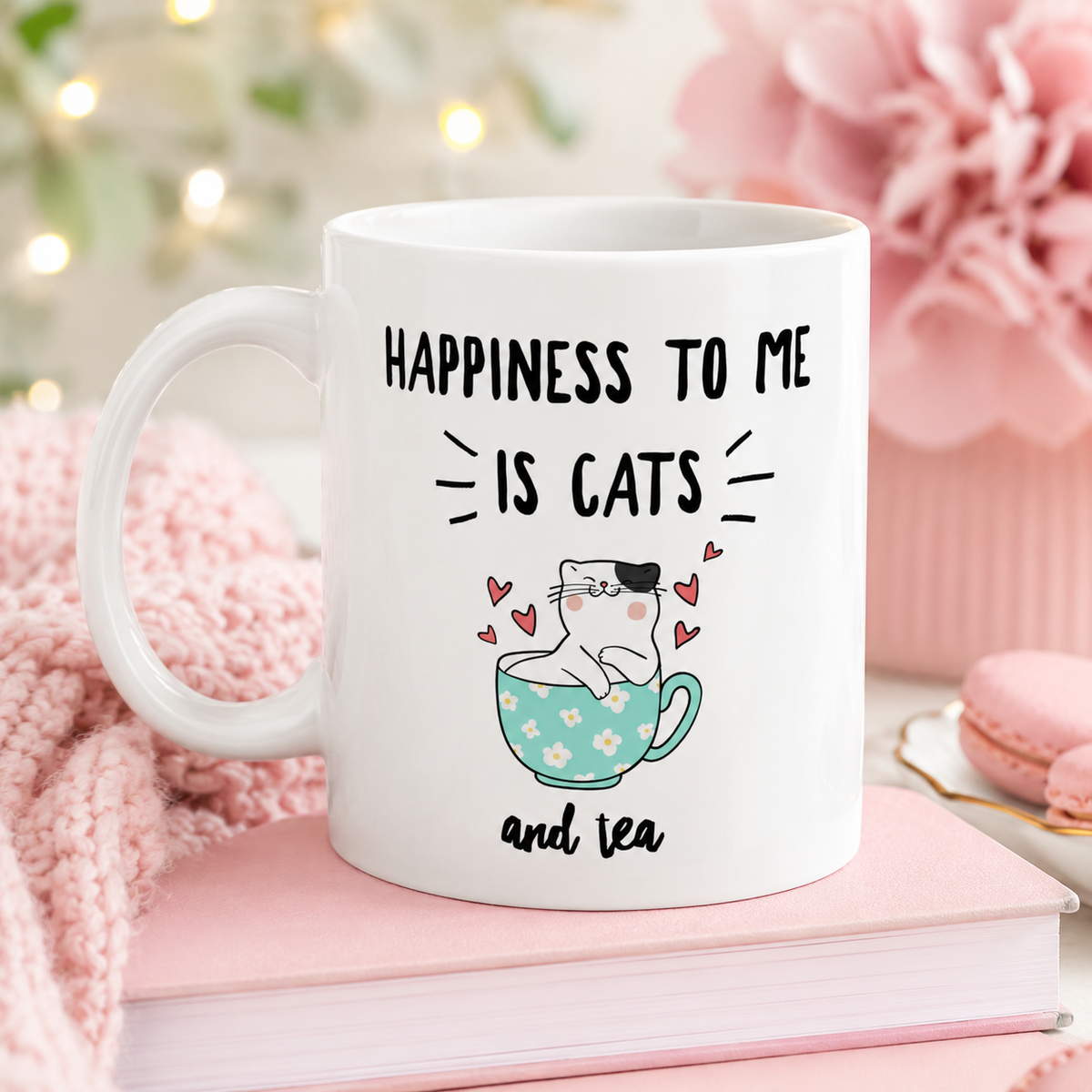 Funny Cat Mug for Women – Cat Lover Gift – Cute Cat Coffee Mug – Tea Lover Gift – "Happiness to Me Is Cats and Tea"