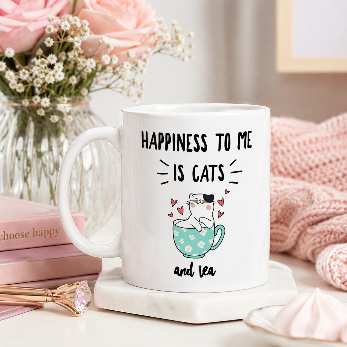 Funny Cat Mug for Women – Cat Lover Gift – Cute Cat Coffee Mug – Tea Lover Gift – "Happiness to Me Is Cats and Tea"