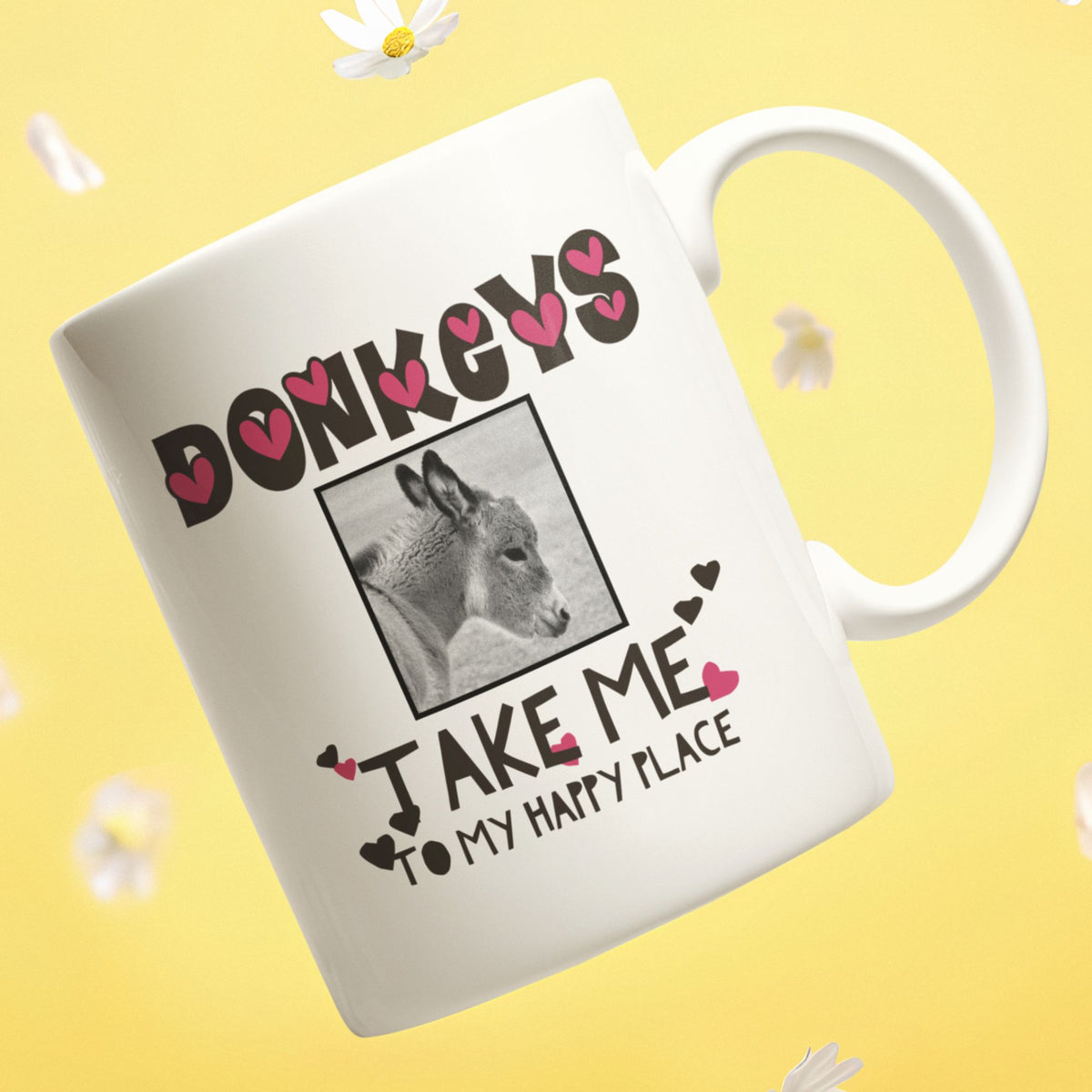 Donkey Lover Coffee Mug with Cute Donkey Photo – Animal Lover Gift - "Donkeys Take Me To My Happy Place" (Hearts Version) - 11oz Mug