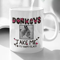 Donkey Lover Coffee Mug with Cute Donkey Photo – Animal Lover Gift - "Donkeys Take Me To My Happy Place" (Hearts Version) - 11oz Mug