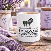 Funny Pony Mug, Pony Lover Birthday Gift, Horse Girl Gift, Equestrian Horse Lover Mug – Want A Pony For My Birthday - No Matter How Old I Am