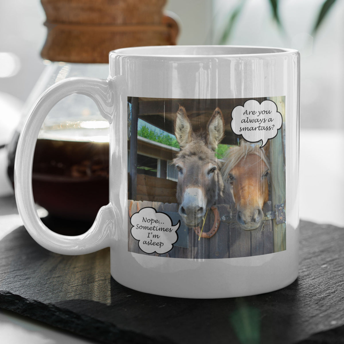 Funny Donkey Mug Gift for Friends & Coworkers, Sarcastic Humor Coffee Cup, Funny Animal Humor Mug - "Are You Always A Smartass?"